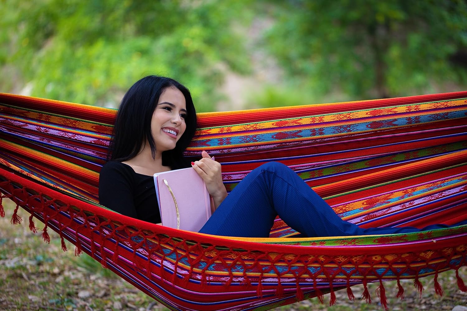 Boho Classic Hammock with Tassel, Handmade, Weather-Resistant, Hammock for Indoor & Outdoor, Lightweight Durable - for Patio, Porch, Backyard Lounging (Inti Red)