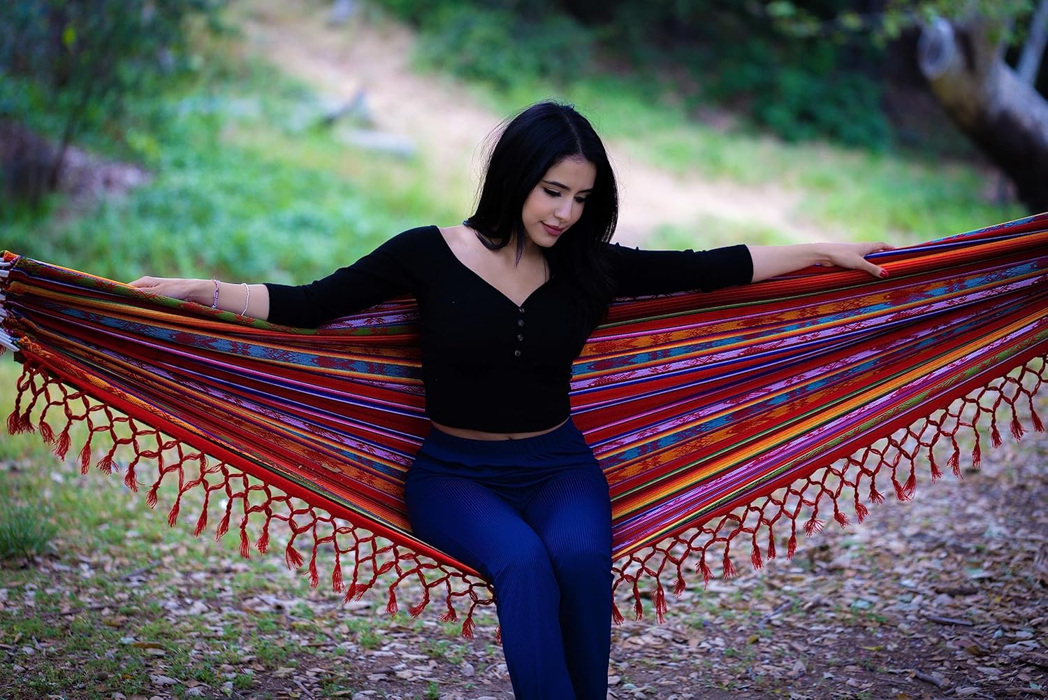 Boho Classic Hammock with Tassel, Handmade, Weather-Resistant, Hammock for Indoor & Outdoor, Lightweight Durable - for Patio, Porch, Backyard Lounging (Inti Red)