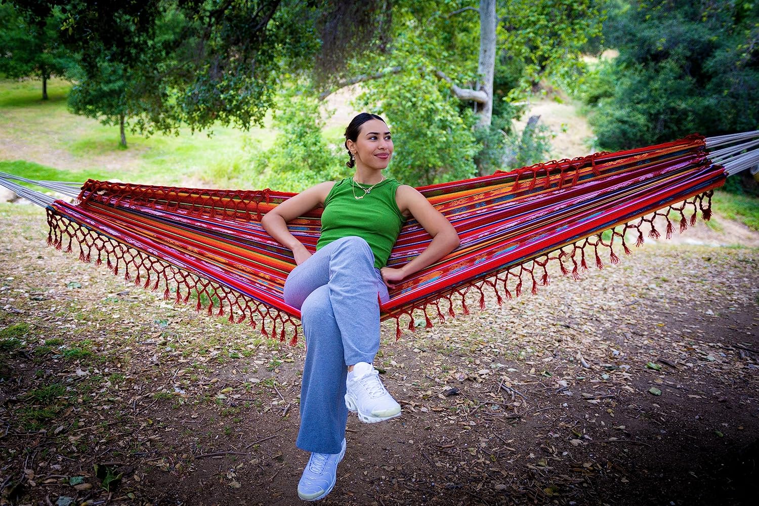 Boho Classic Hammock with Tassel, Handmade, Weather-Resistant, Hammock for Indoor & Outdoor, Lightweight Durable - for Patio, Porch, Backyard Lounging (Inti Red)