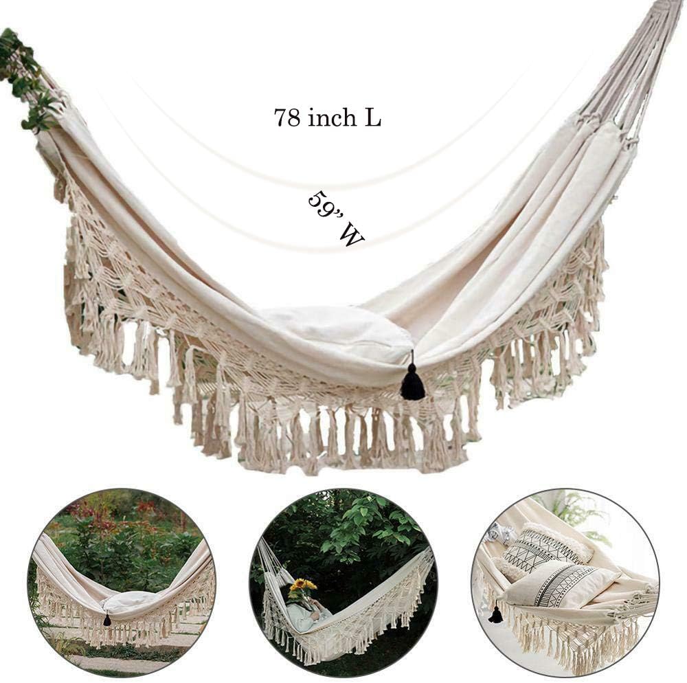 Boho Hammock Large Double Deluxe Hammock Swing Bed with Carry Bag for Outdoor & Wedding Party Decor, White (78.7)