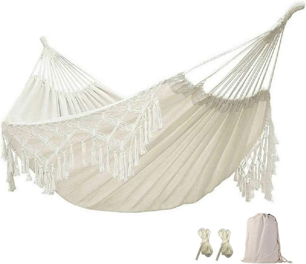 Boho Hammock Large Double Deluxe Hammock Swing Bed with Carry Bag for Outdoor & Wedding Party Decor, White (78.7)