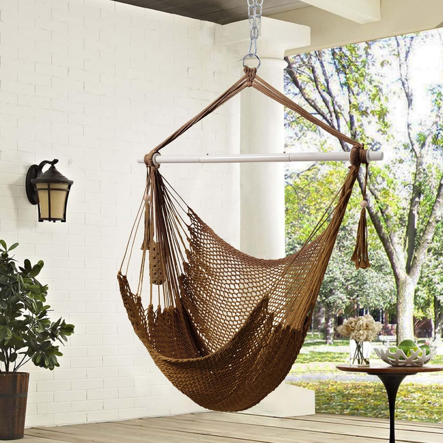  Hammock Chair Caribbean Hanging Rope Swing Chair, 40" Removable Steel Spreader Bar with Anti-Slip Rings, Soft-Spun Cotton Rope for Indoor/Outdoor Backyard & Living Room, Max 500 LBS,Tan