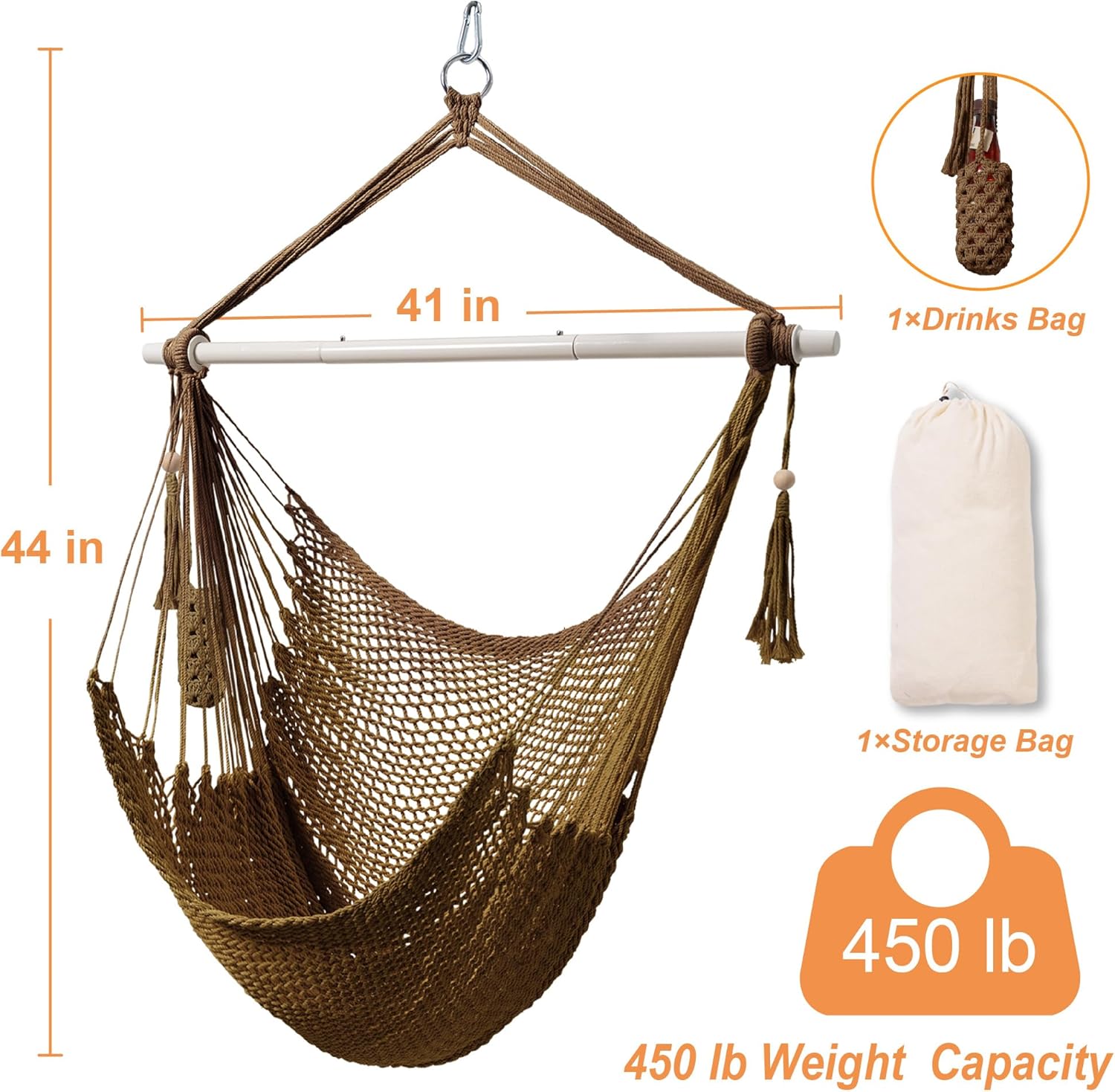  Hammock Chair Caribbean Hanging Rope Swing Chair, 40" Removable Steel Spreader Bar with Anti-Slip Rings, Soft-Spun Cotton Rope for Indoor/Outdoor Backyard & Living Room, Max 500 LBS,Tan