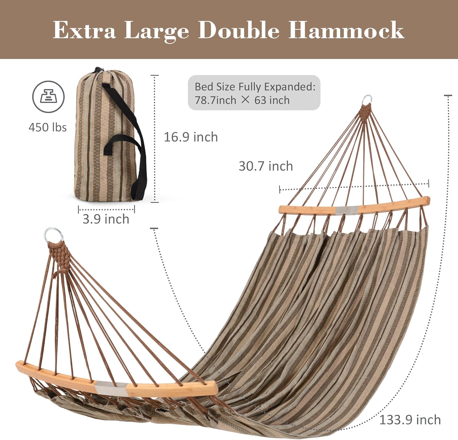 Hammocks Double Hammock with Curved Spreader Bar, Outdoor Camping Portable Hammock with Carrying Bag & Tree Straps for Patio, Backyard, Balcony, Max 450lbs Capacity, Brown