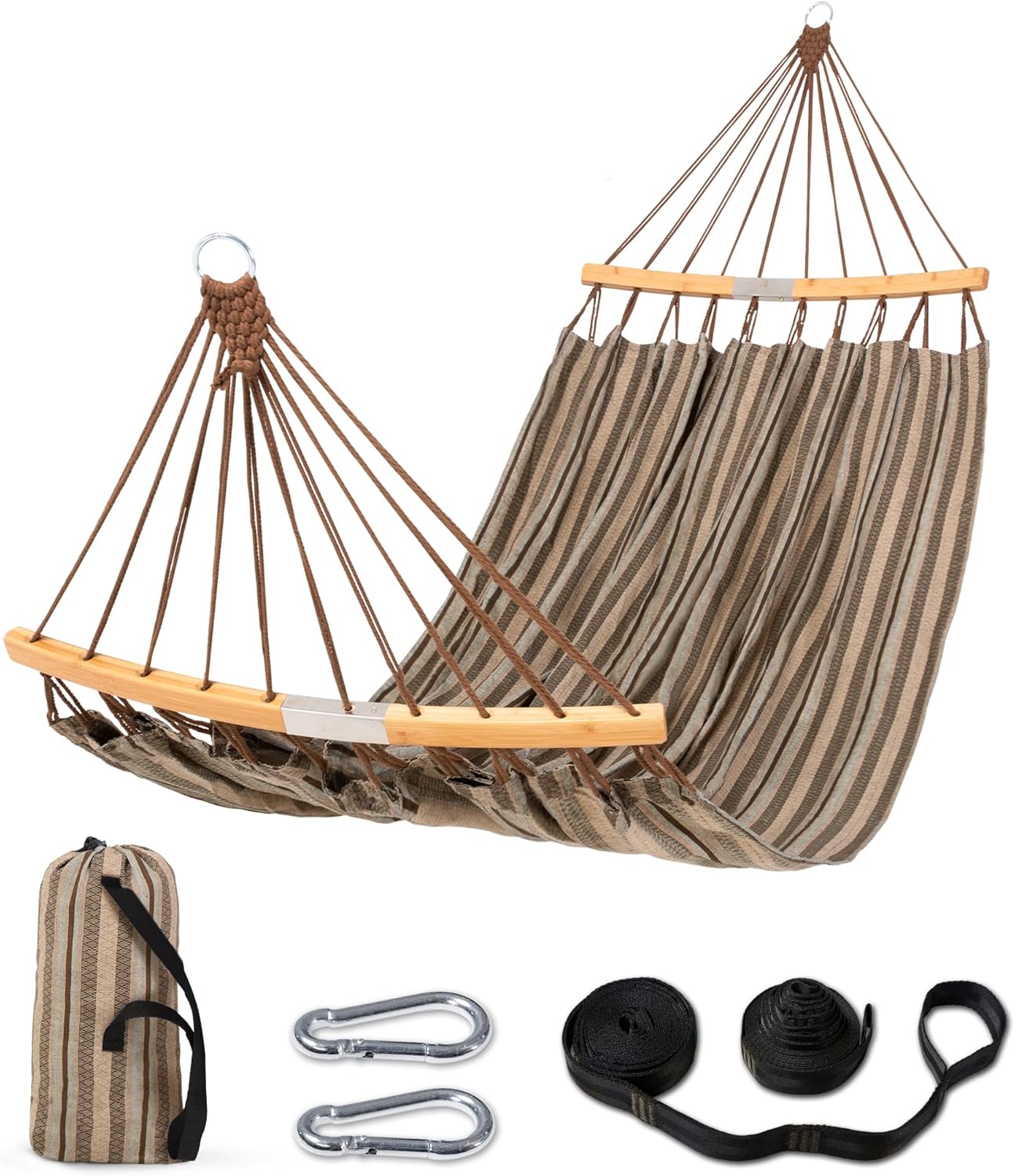 Hammocks Double Hammock with Curved Spreader Bar, Outdoor Camping Portable Hammock with Carrying Bag & Tree Straps for Patio, Backyard, Balcony, Max 450lbs Capacity, Brown