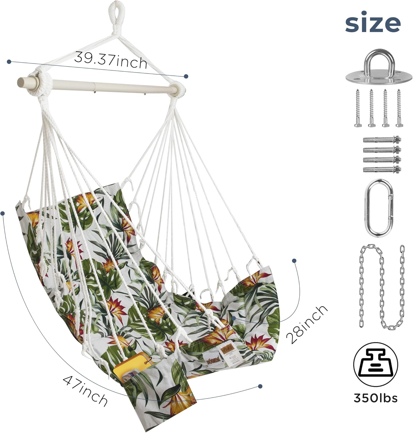 Hamock Chair with Pocket; Hanging Swing for Adult; Rope Swing with Spreader Bar; Hardware Kit Included; Max 350Lbs for Outdoor, Patio, Bedroom, Porch, Deck Flowers