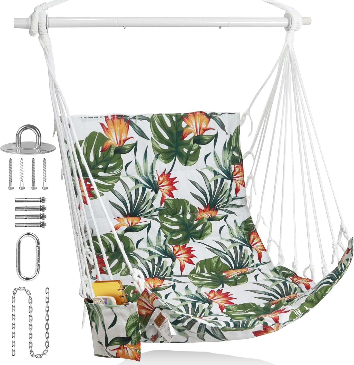 Hamock Chair with Pocket; Hanging Swing for Adult; Rope Swing with Spreader Bar; Hardware Kit Included; Max 350Lbs for Outdoor, Patio, Bedroom, Porch, Deck Flowers
