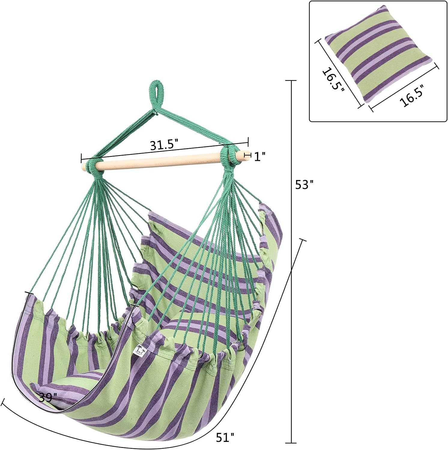 Hanging Rope Hammock Chair Swing Seat for Yard, Bedroom, Patio, Porch, Indoor/Outdoor - 2 Seat Cushions Included (Green)