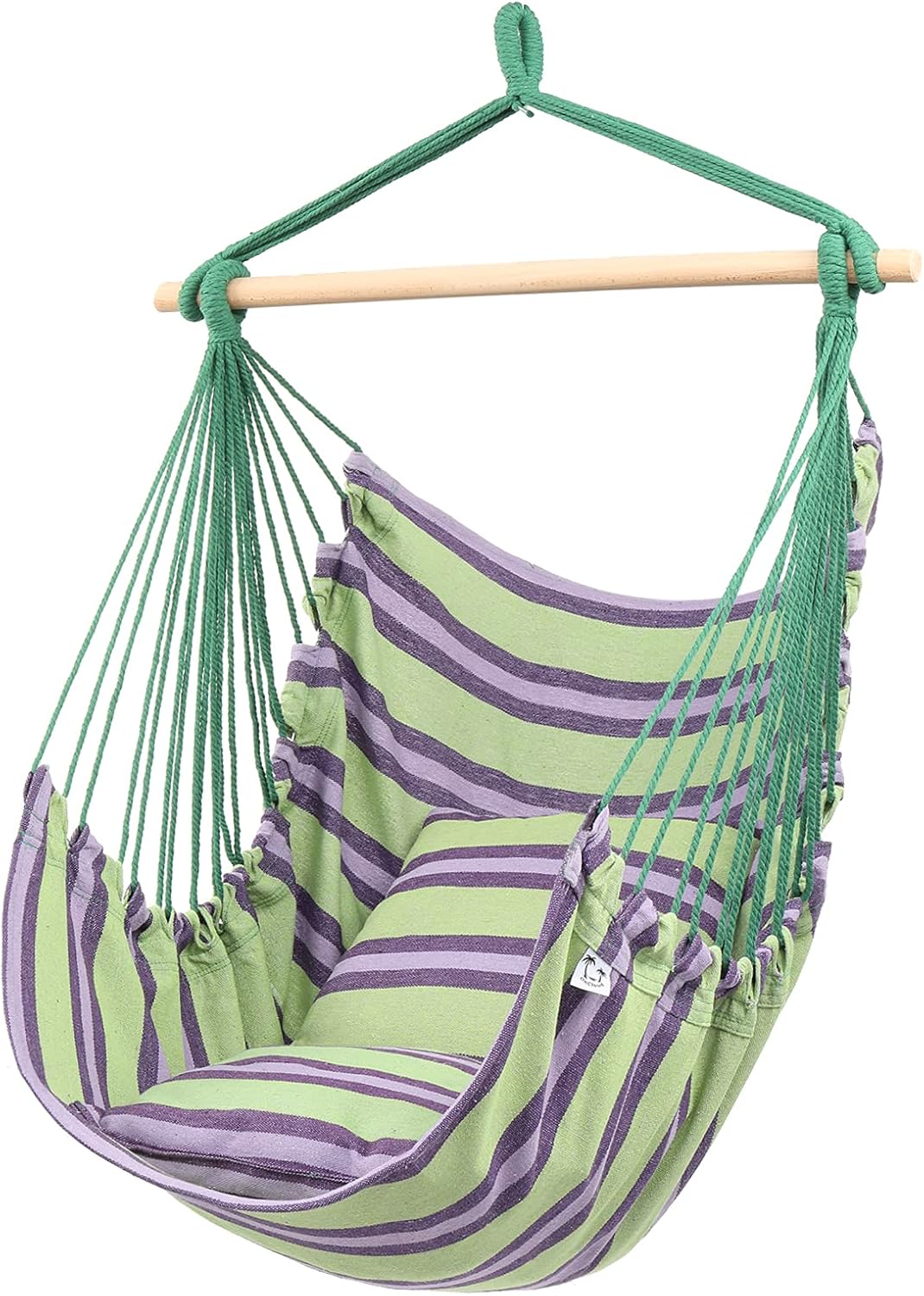 Hanging Rope Hammock Chair Swing Seat for Yard, Bedroom, Patio, Porch, Indoor/Outdoor - 2 Seat Cushions Included (Green)