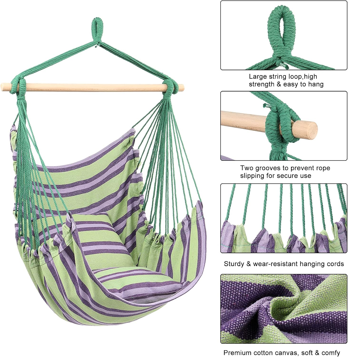 Hanging Rope Hammock Chair Swing Seat for Yard, Bedroom, Patio, Porch, Indoor/Outdoor - 2 Seat Cushions Included (Green)