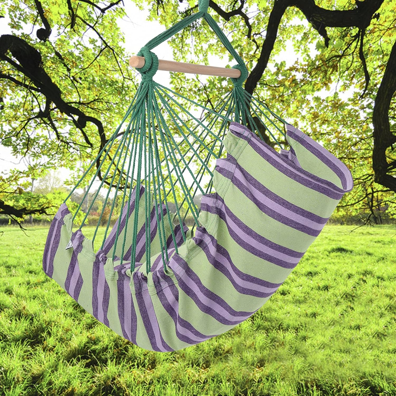 Hanging Rope Hammock Chair Swing Seat for Yard, Bedroom, Patio, Porch, Indoor/Outdoor - 2 Seat Cushions Included (Green)