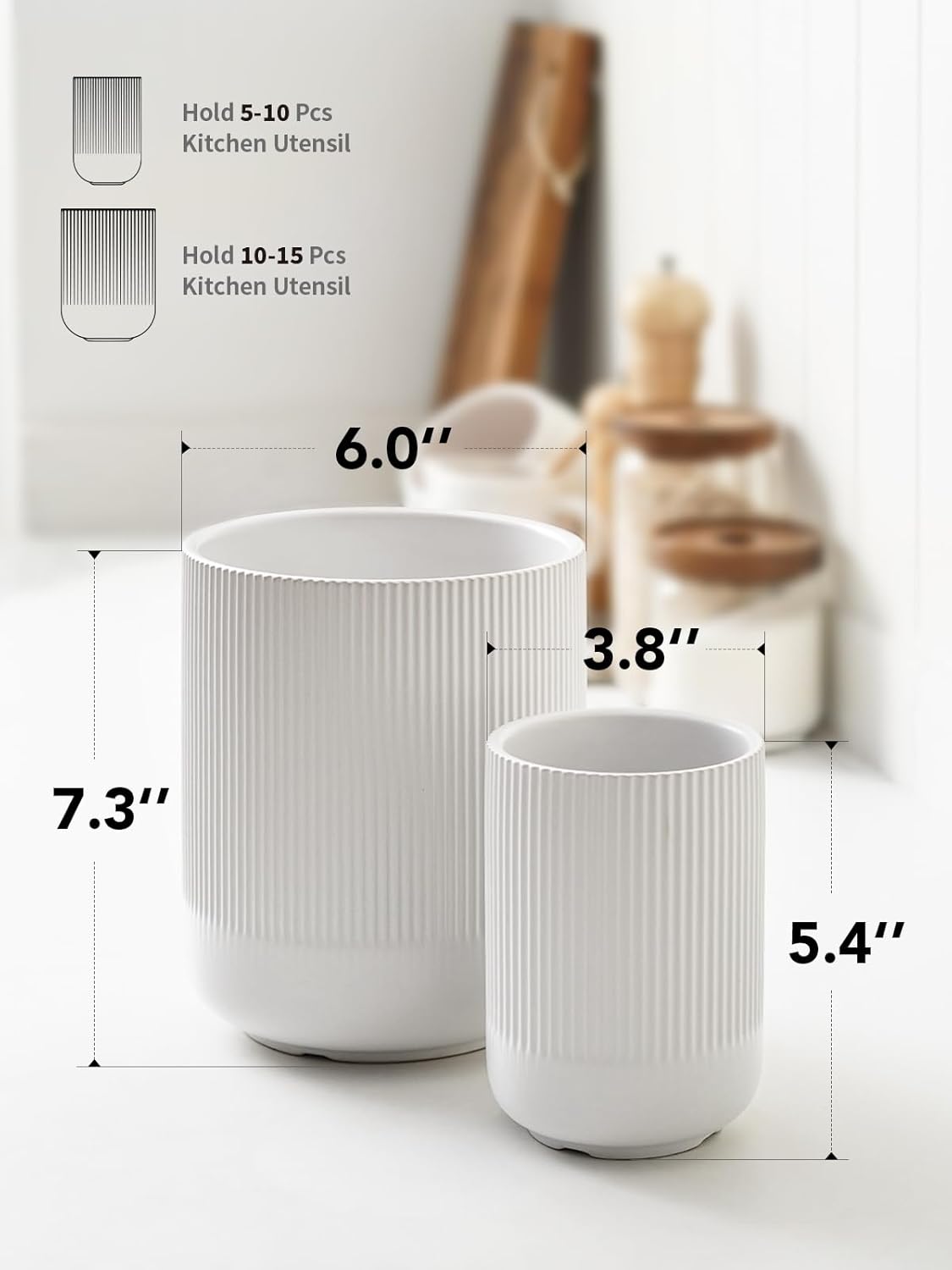 Utensil Holder, 7.3"+5.4" Ceramic Kitchen Utensil Holder for Countertop, Large Cooking Utensil Crocks for Kitchen Counter, Morden Utensil Organizer for Spatula, Kitchen Decor, Set of 2, White
