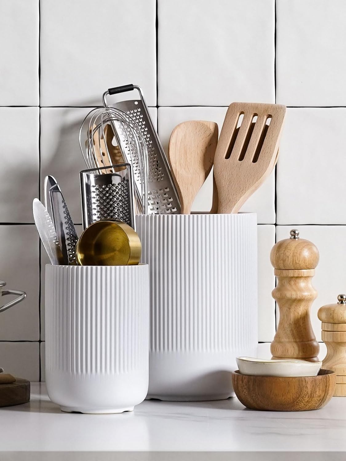 Utensil Holder, 7.3"+5.4" Ceramic Kitchen Utensil Holder for Countertop, Large Cooking Utensil Crocks for Kitchen Counter, Morden Utensil Organizer for Spatula, Kitchen Decor, Set of 2, White