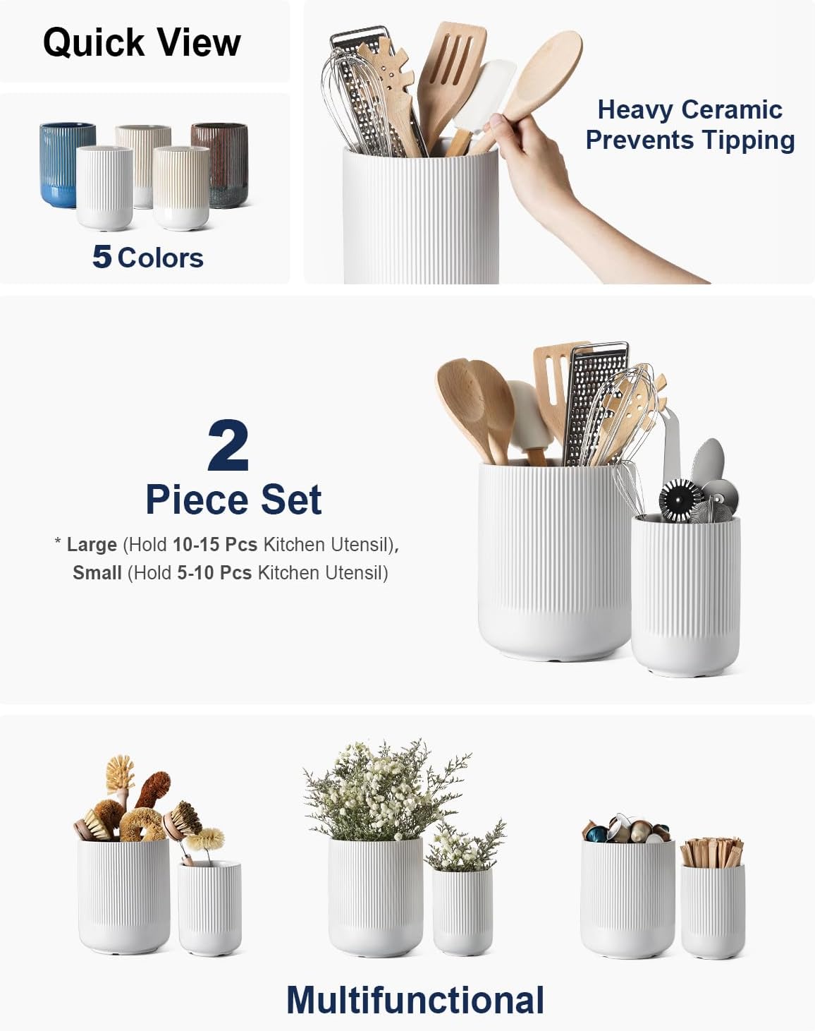Utensil Holder, 7.3"+5.4" Ceramic Kitchen Utensil Holder for Countertop, Large Cooking Utensil Crocks for Kitchen Counter, Morden Utensil Organizer for Spatula, Kitchen Decor, Set of 2, White