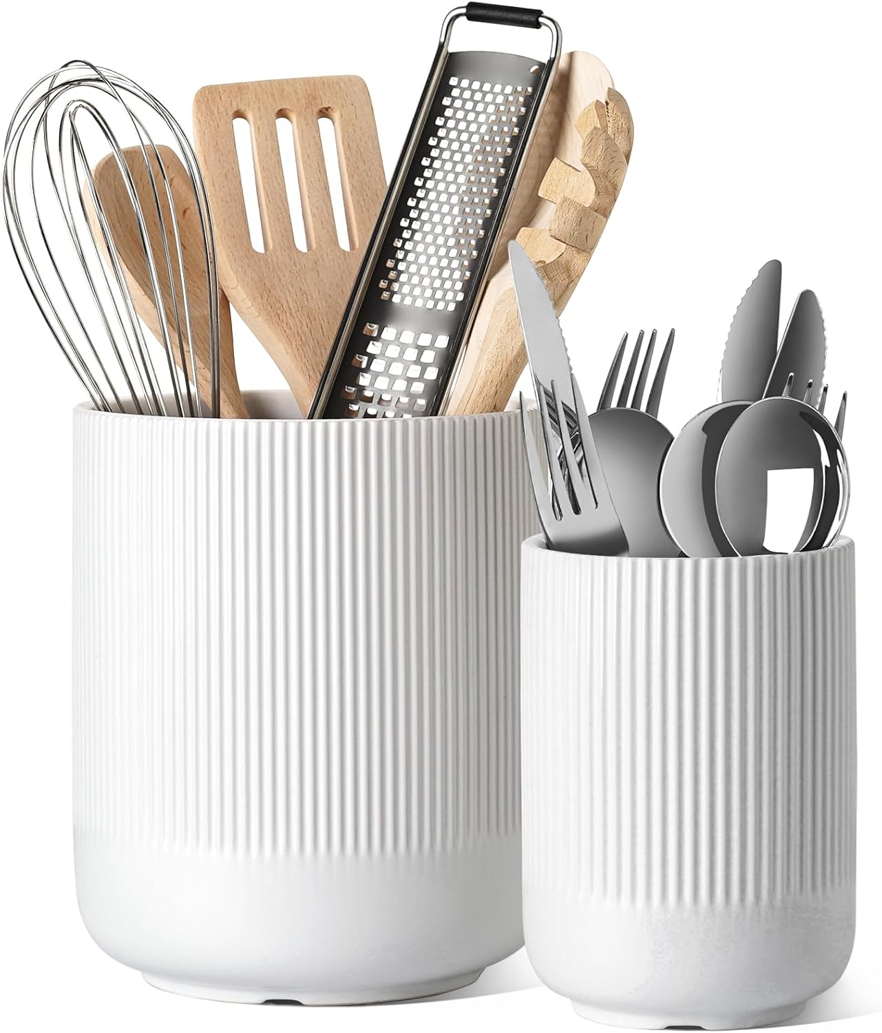 Utensil Holder, 7.3"+5.4" Ceramic Kitchen Utensil Holder for Countertop, Large Cooking Utensil Crocks for Kitchen Counter, Morden Utensil Organizer for Spatula, Kitchen Decor, Set of 2, White