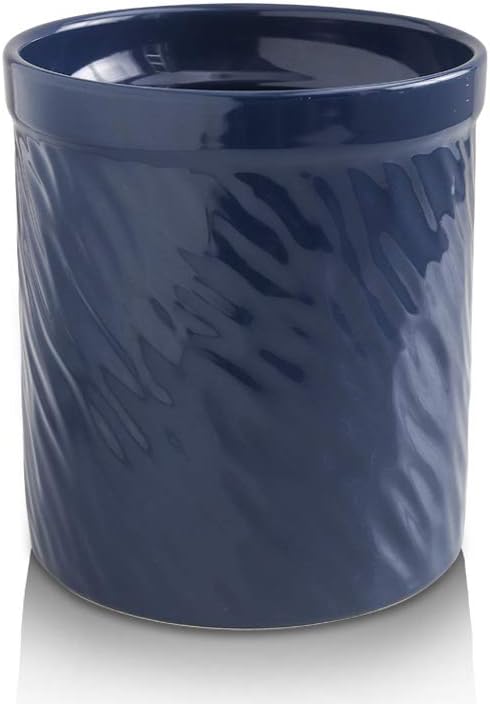 Kitchen Utensil Holder, Large Ceramic Utensil Crock, Deep and Stable, Utensils Caddy Texture Series (Dark Blue)