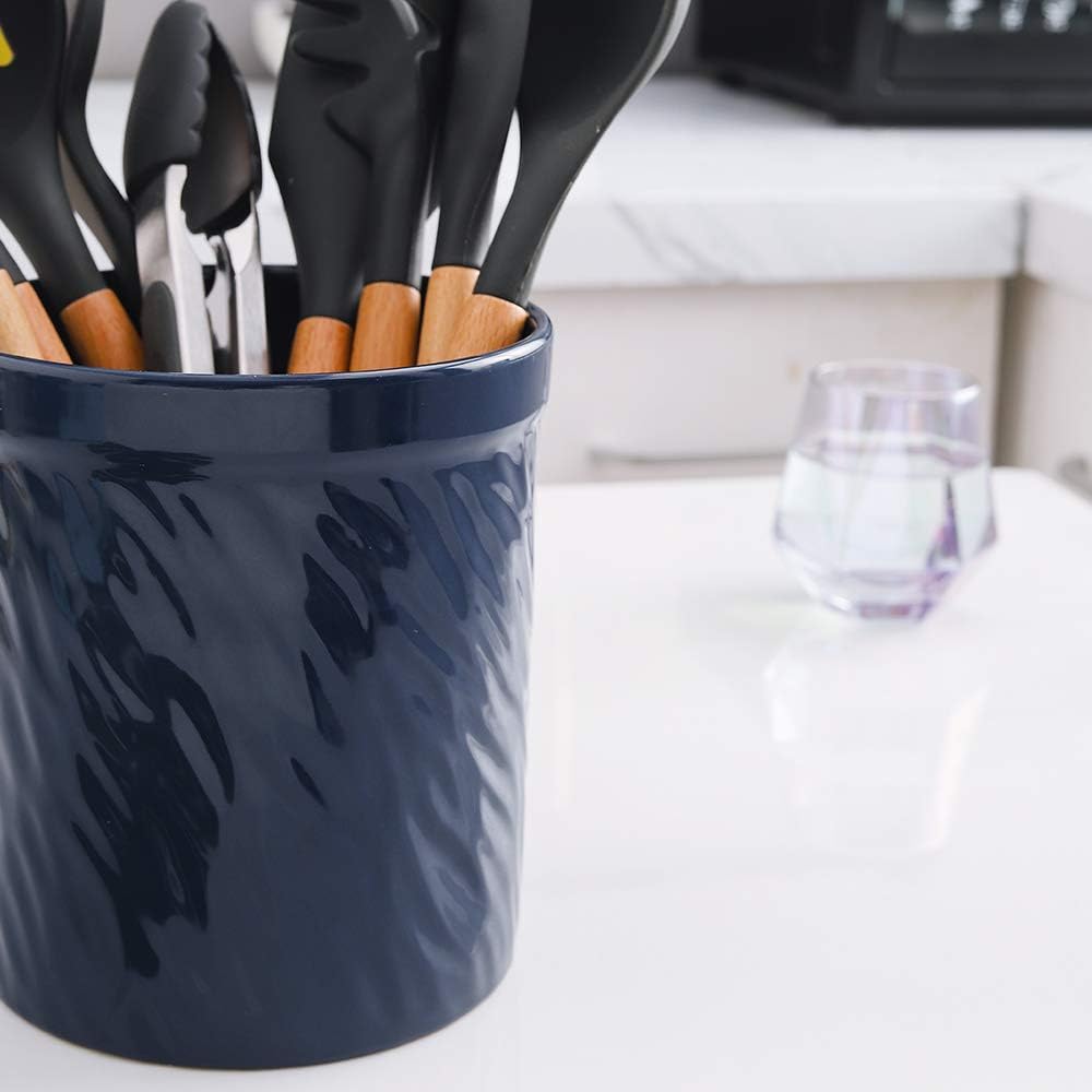 Kitchen Utensil Holder, Large Ceramic Utensil Crock, Deep and Stable, Utensils Caddy Texture Series (Dark Blue)