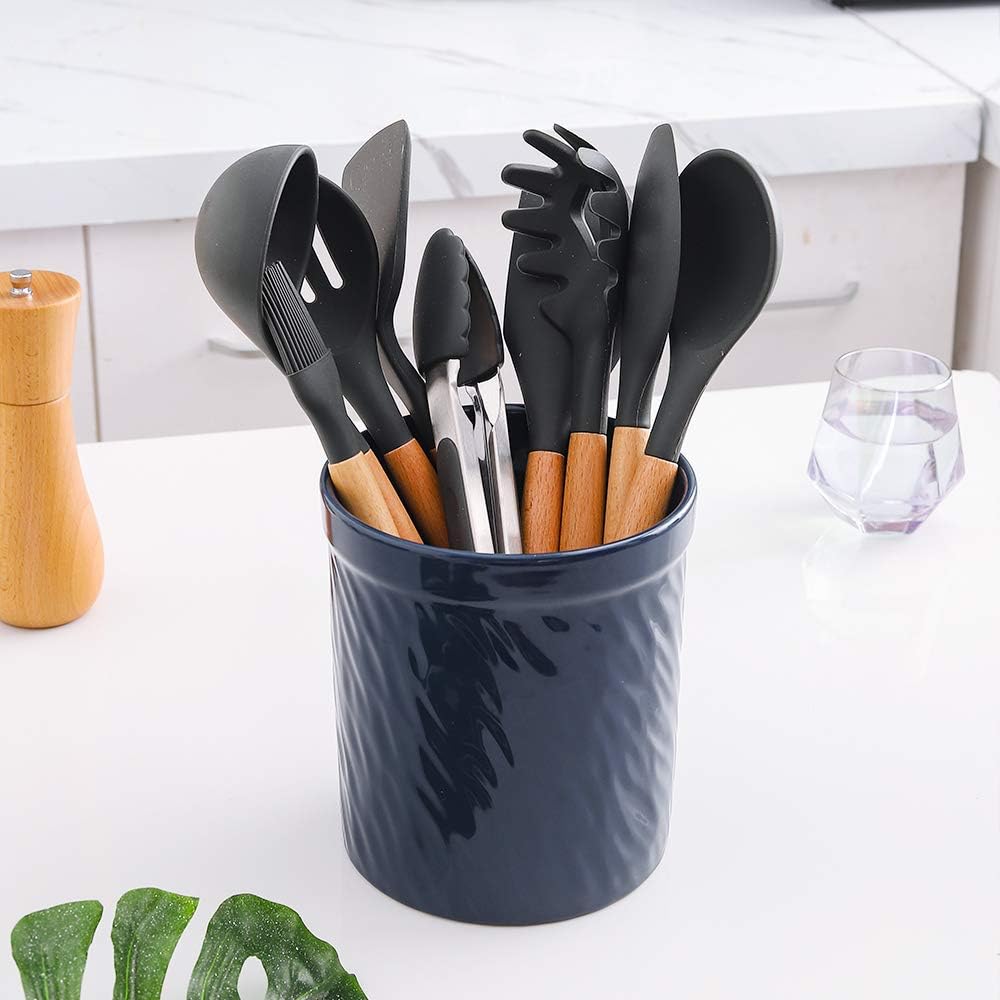Kitchen Utensil Holder, Large Ceramic Utensil Crock, Deep and Stable, Utensils Caddy Texture Series (Dark Blue)