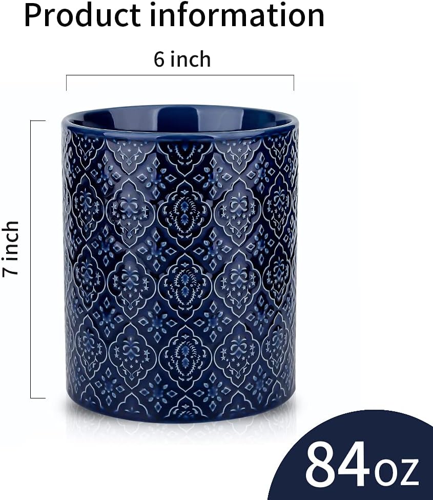 Kitchen Utensil Holder, Large Utensil Holders for Countertop, 6 x 7 Inches Ceramic Utensil Crock, Deep and Stable, Cooking Utensil Holder, Embossed Pattern (BLue)