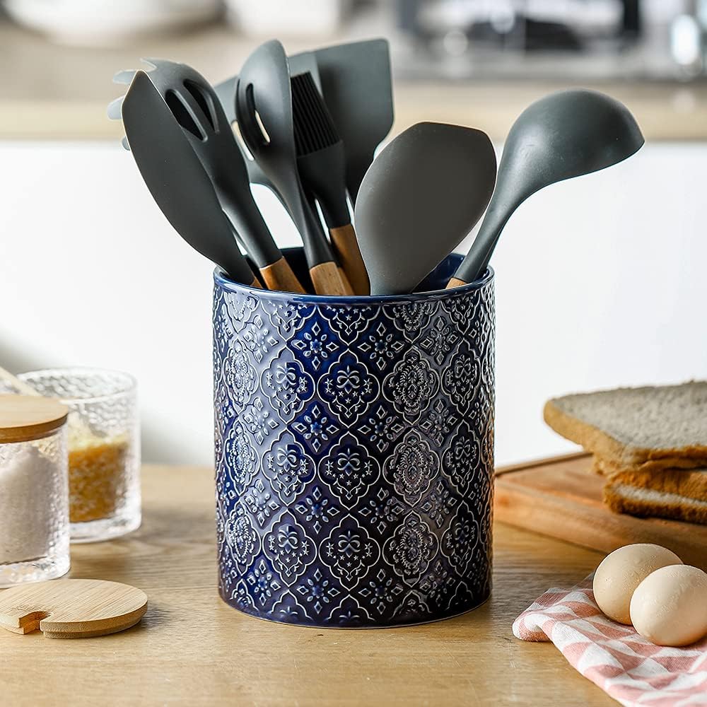 Kitchen Utensil Holder, Large Utensil Holders for Countertop, 6 x 7 Inches Ceramic Utensil Crock, Deep and Stable, Cooking Utensil Holder, Embossed Pattern (BLue)