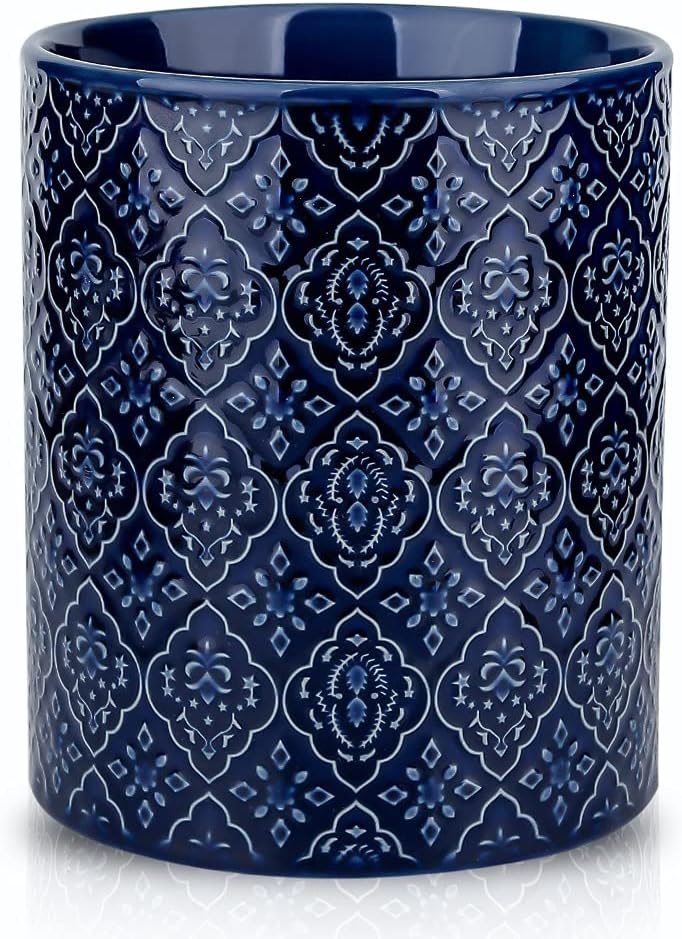 Kitchen Utensil Holder, Large Utensil Holders for Countertop, 6 x 7 Inches Ceramic Utensil Crock, Deep and Stable, Cooking Utensil Holder, Embossed Pattern (BLue)
