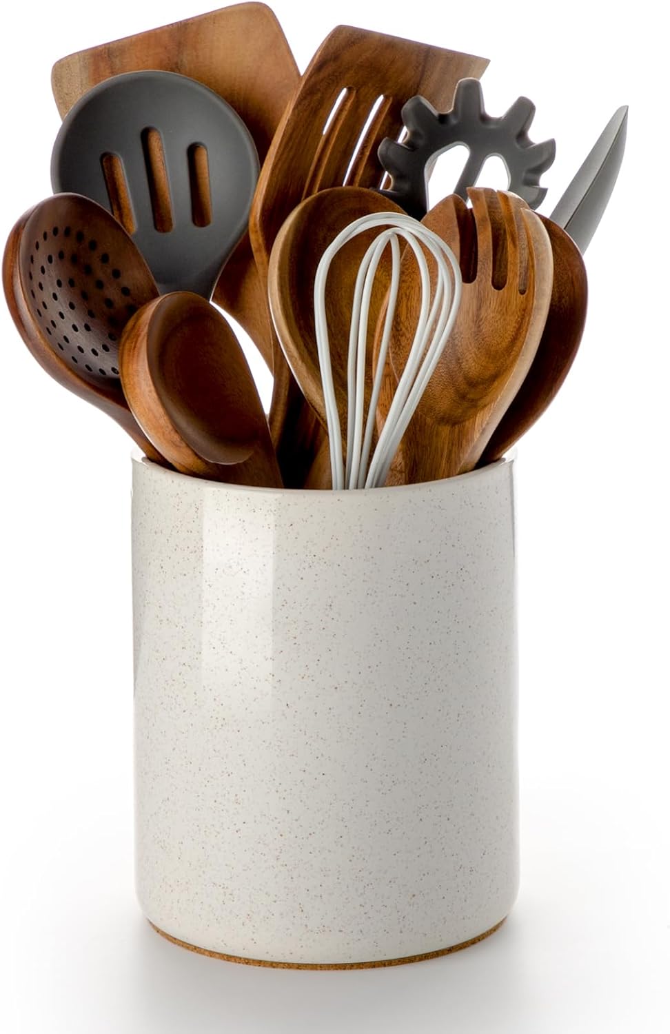 Utensil Holder, 6.4" Ceramic Kitchen Utensil Holder for Countertop with Protection Cork Bottom, Vintage Farmhouse Kitchen Decor for Counter, Christmas Gift (Sand)