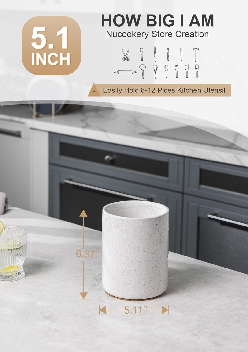 Utensil Holder, 6.4" Ceramic Kitchen Utensil Holder for Countertop with Protection Cork Bottom, Vintage Farmhouse Kitchen Decor for Counter, Christmas Gift (Sand)