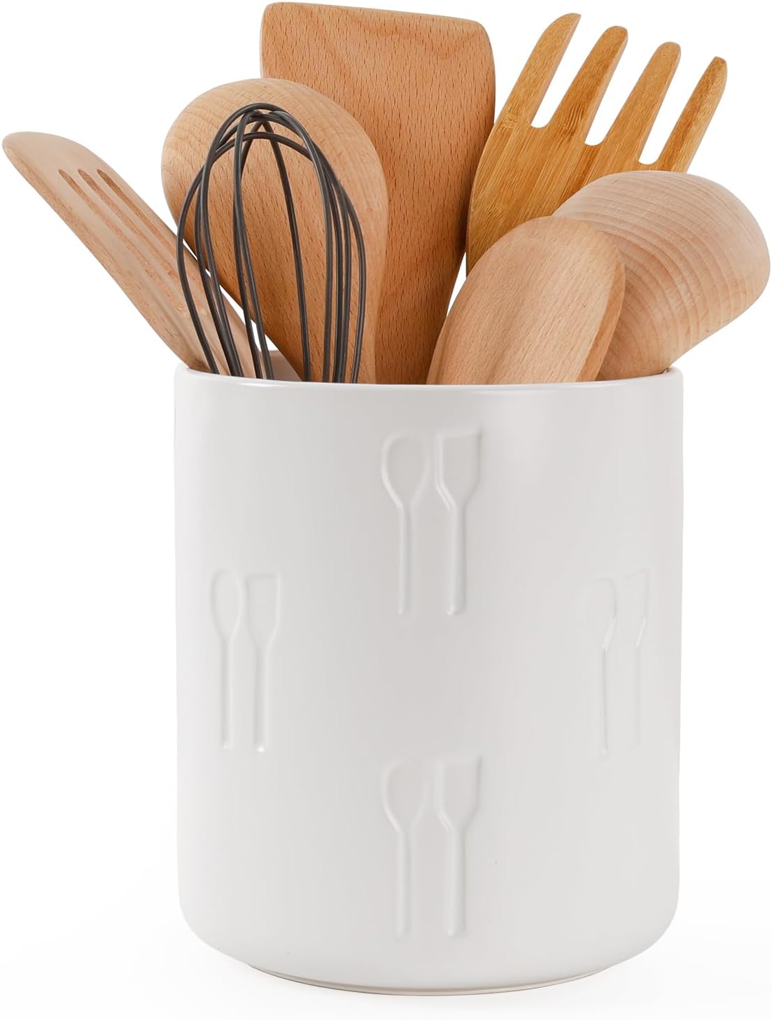 Ceramic Utensil Holder, 6.1” Utensil Holder or Kitchen Countertop, Suit for Cutlery & Utensil, Utensil Crock for Farmhouse Decor, Cooking Utensil Crock with Concave Carving Design, White