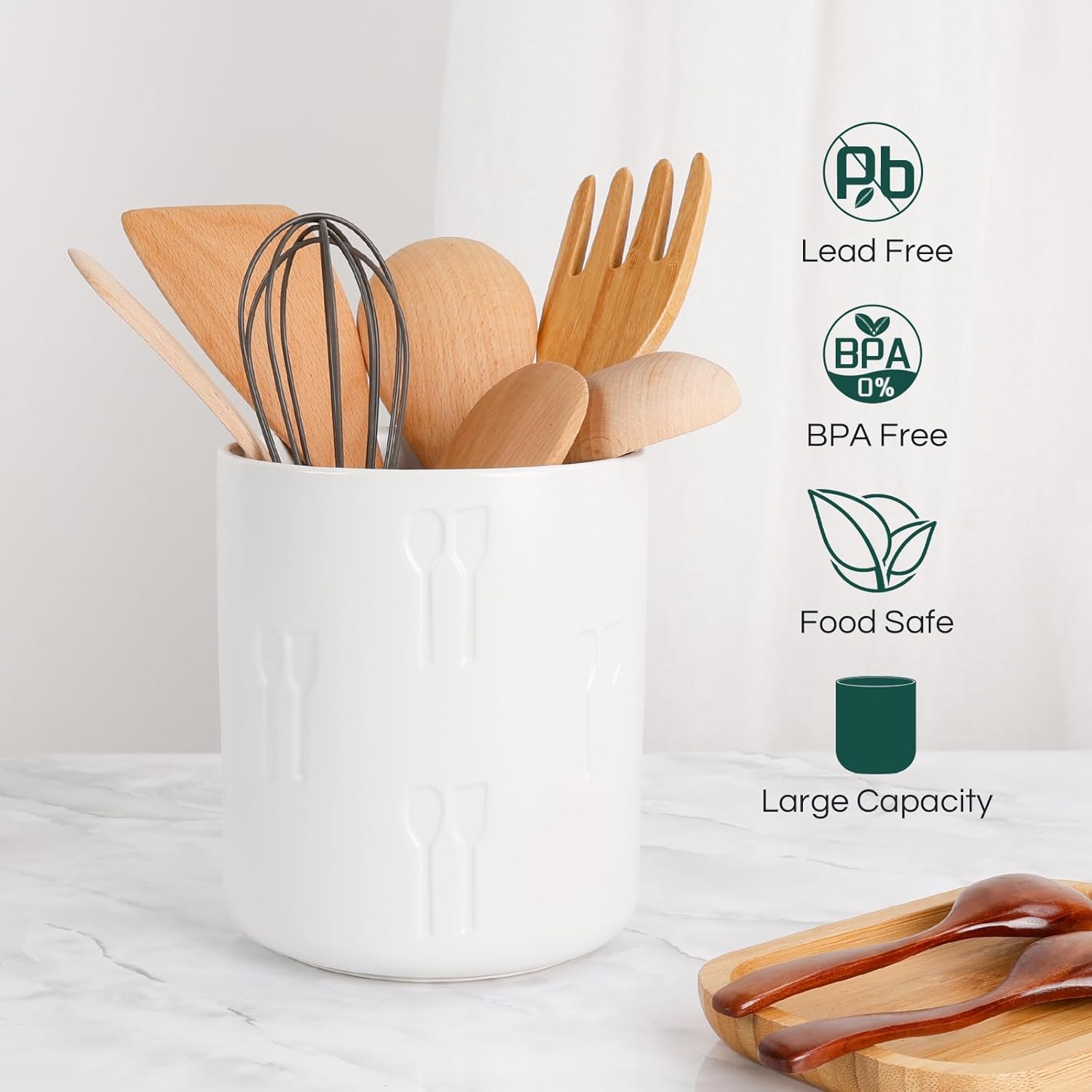 Ceramic Utensil Holder, 6.1” Utensil Holder or Kitchen Countertop, Suit for Cutlery & Utensil, Utensil Crock for Farmhouse Decor, Cooking Utensil Crock with Concave Carving Design, White