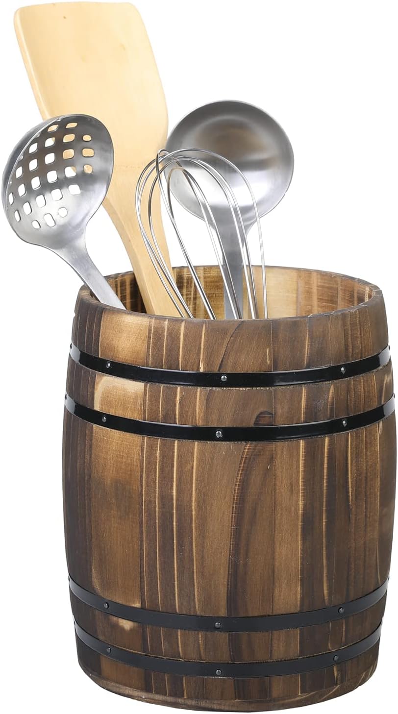 Wine Barrel Design Kitchen Utensil Crock, Vintage Rustic Burnt Wood Cooking Tool Holder