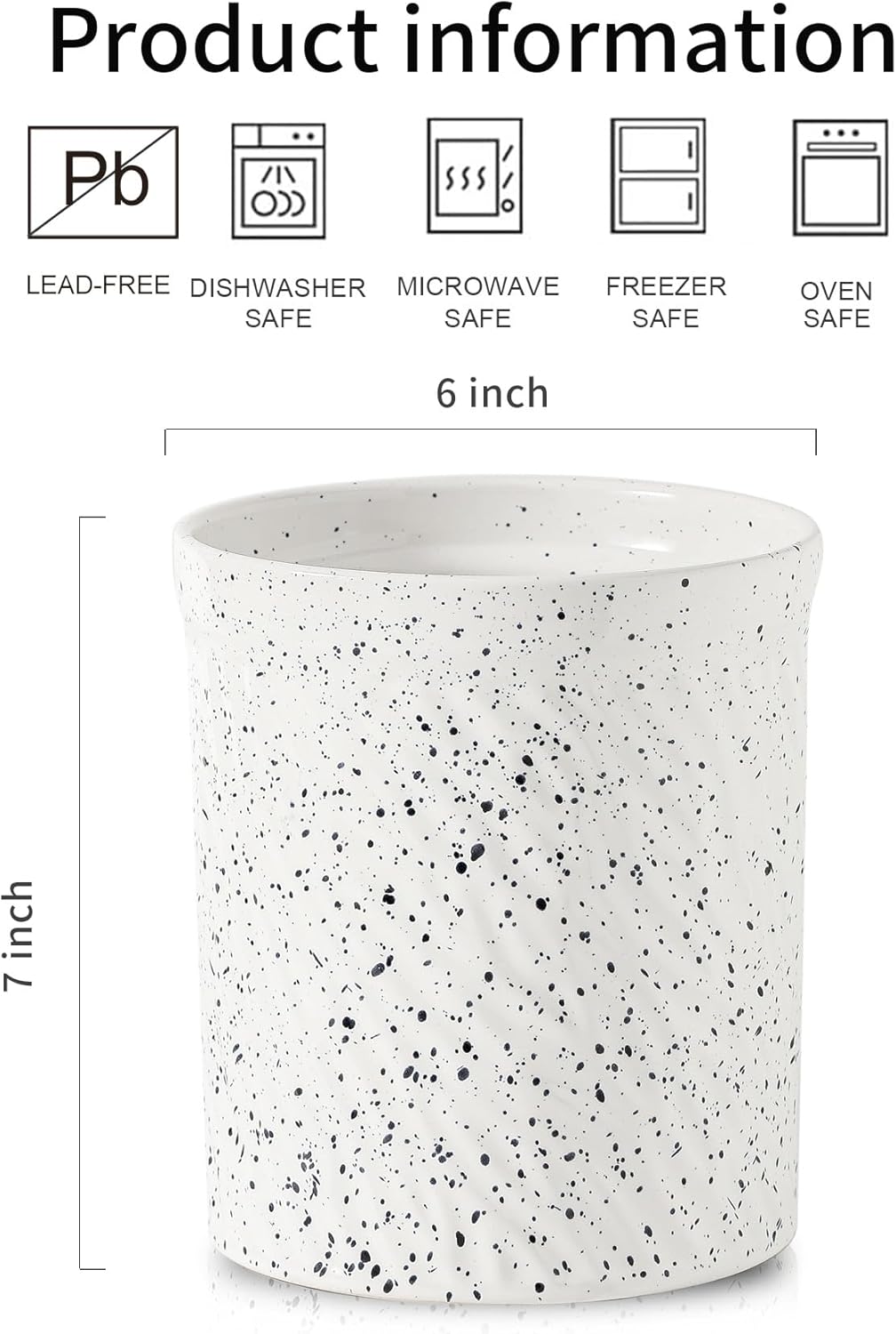 Cooking Utensil Holder, Large Ceramic Utensil Crock, Deep and Stable, Utensil Caddy for Countertop, Splash Series (Splashed White)
