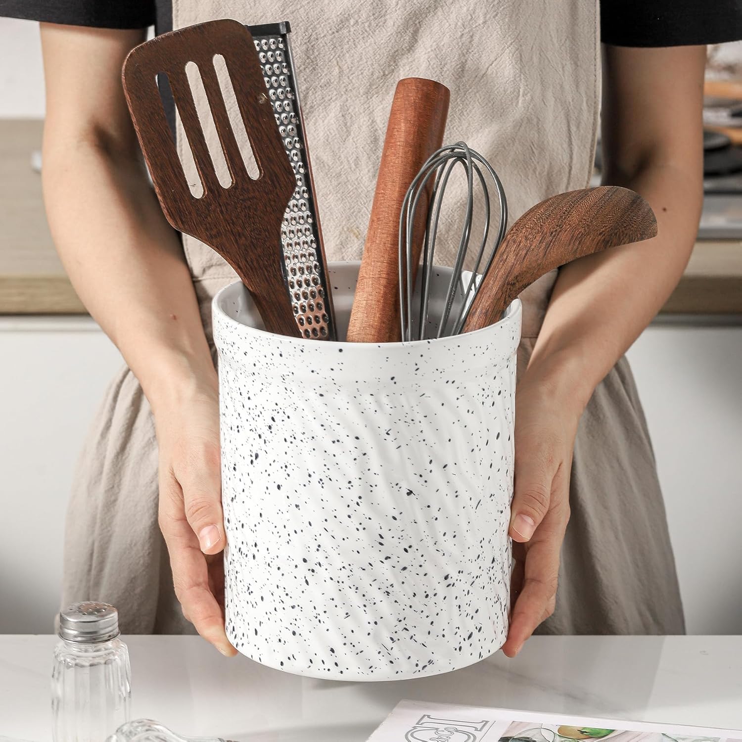 Cooking Utensil Holder, Large Ceramic Utensil Crock, Deep and Stable, Utensil Caddy for Countertop, Splash Series (Splashed White)