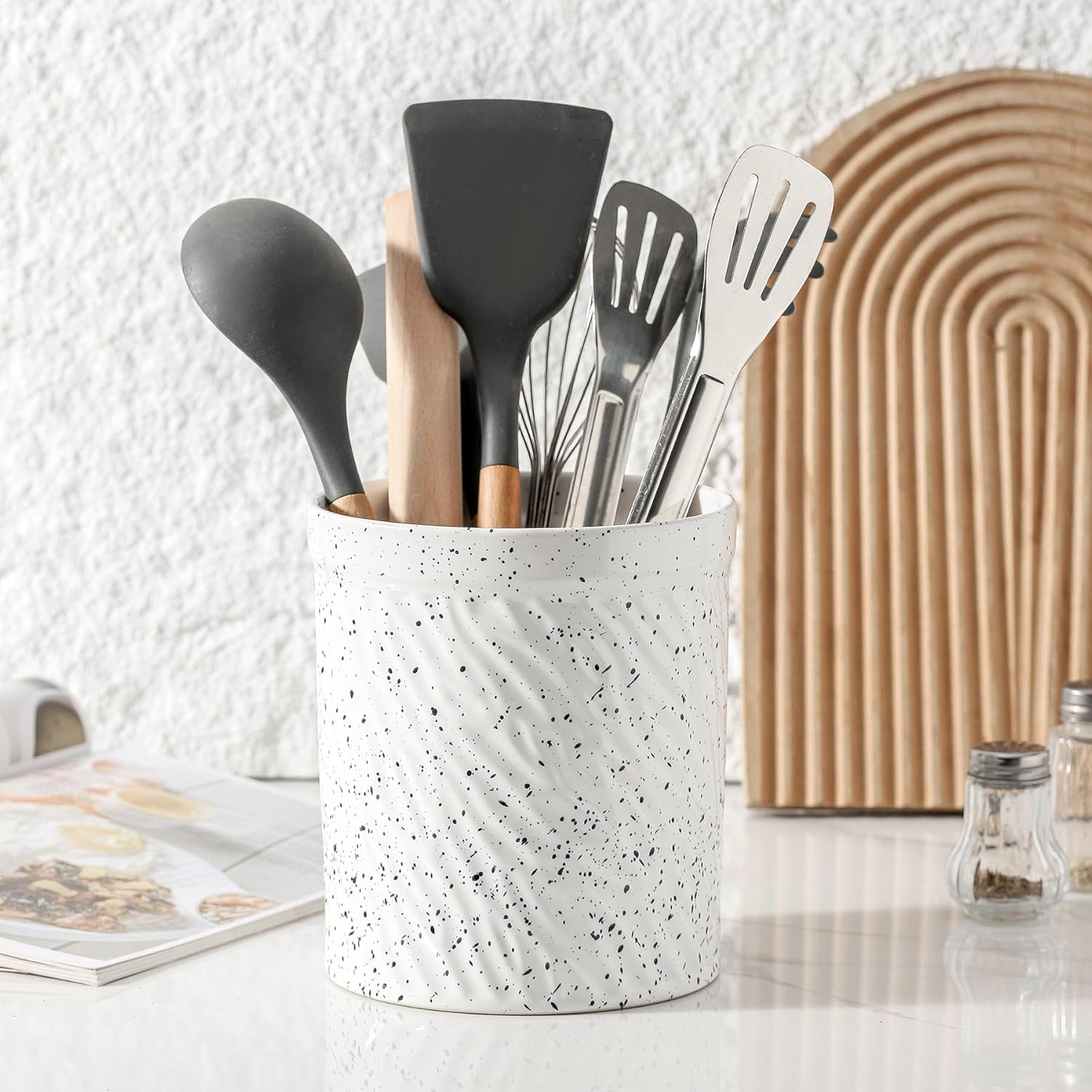Cooking Utensil Holder, Large Ceramic Utensil Crock, Deep and Stable, Utensil Caddy for Countertop, Splash Series (Splashed White)