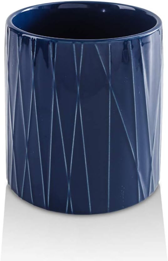 Kitchen Utensil Holder, Large Ceramic Utensil Crock, Deep and Stable, Utensils Caddy Irregular Striped Series (Aegean)