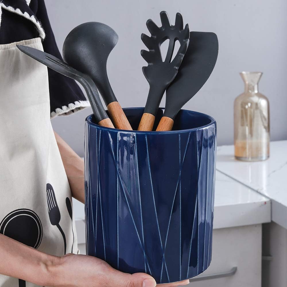 Kitchen Utensil Holder, Large Ceramic Utensil Crock, Deep and Stable, Utensils Caddy Irregular Striped Series (Aegean)