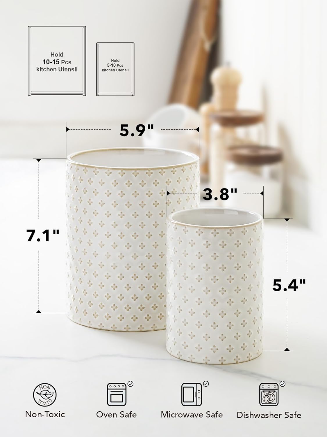 Utensil Holder, 7.1"+5.4" Ceramic Kitchen Utensil Holder for Counter top, Embossed Cooking Utensil Organizer for Spatula & Spoon, Kitchen Decor, Set of 2, Arctic White, Clover