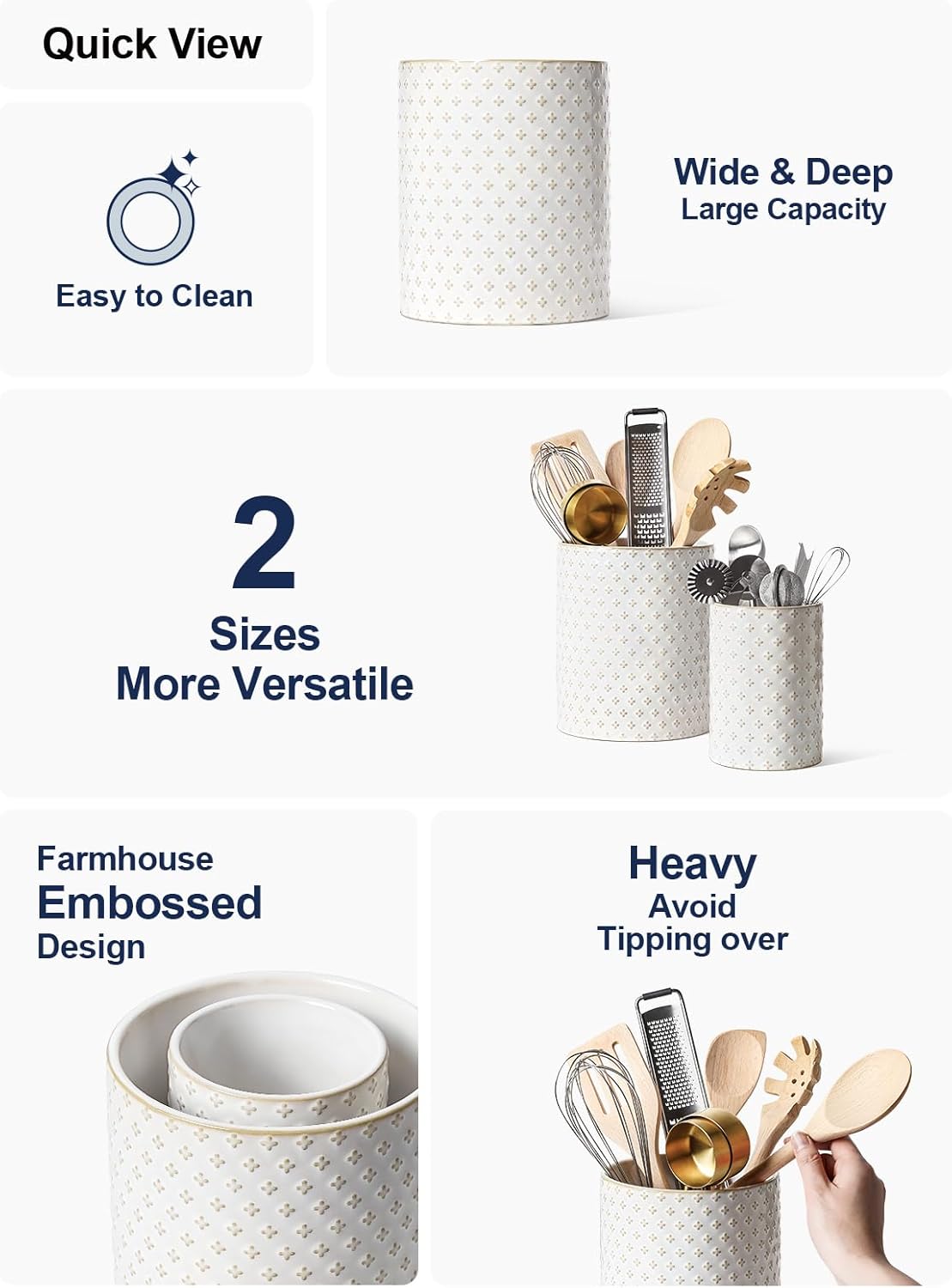 Utensil Holder, 7.1"+5.4" Ceramic Kitchen Utensil Holder for Counter top, Embossed Cooking Utensil Organizer for Spatula & Spoon, Kitchen Decor, Set of 2, Arctic White, Clover