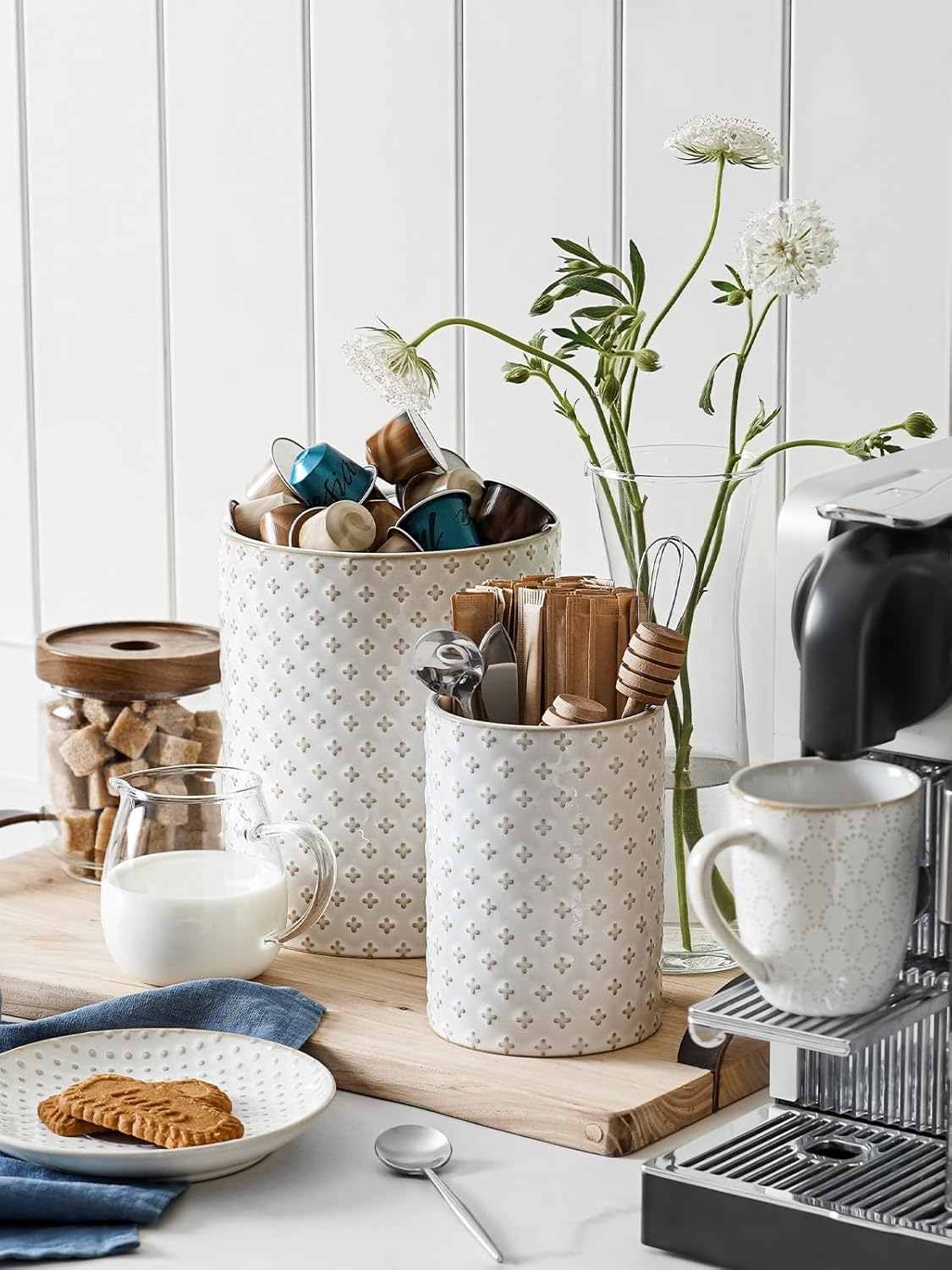 Utensil Holder, 7.1"+5.4" Ceramic Kitchen Utensil Holder for Counter top, Embossed Cooking Utensil Organizer for Spatula & Spoon, Kitchen Decor, Set of 2, Arctic White, Clover