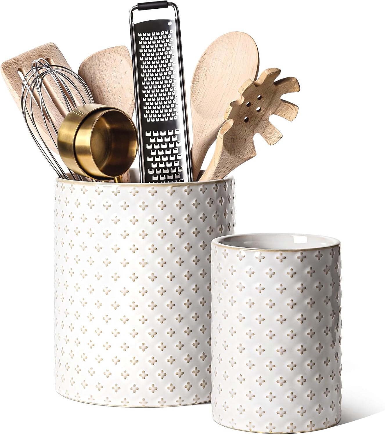 Utensil Holder, 7.1"+5.4" Ceramic Kitchen Utensil Holder for Counter top, Embossed Cooking Utensil Organizer for Spatula & Spoon, Kitchen Decor, Set of 2, Arctic White, Clover