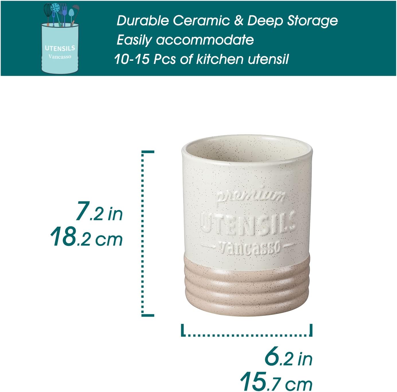 Sabine Utensil Holder, 7.2" Large Utensil Crock for Kitchen Counter, Ceramic Utensil Crock Storage, Matte Cream-Colored Farmhouse Utensil Organizer, Utensil Storage for Home Décor, Gifts