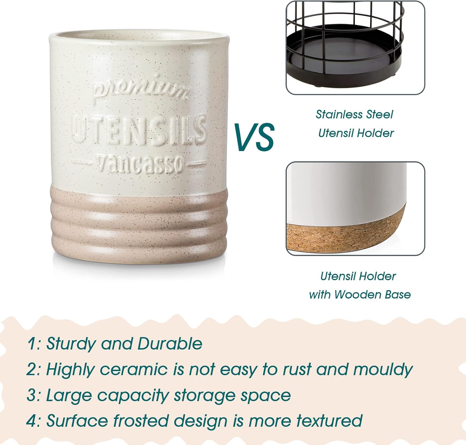 Sabine Utensil Holder, 7.2" Large Utensil Crock for Kitchen Counter, Ceramic Utensil Crock Storage, Matte Cream-Colored Farmhouse Utensil Organizer, Utensil Storage for Home Décor, Gifts