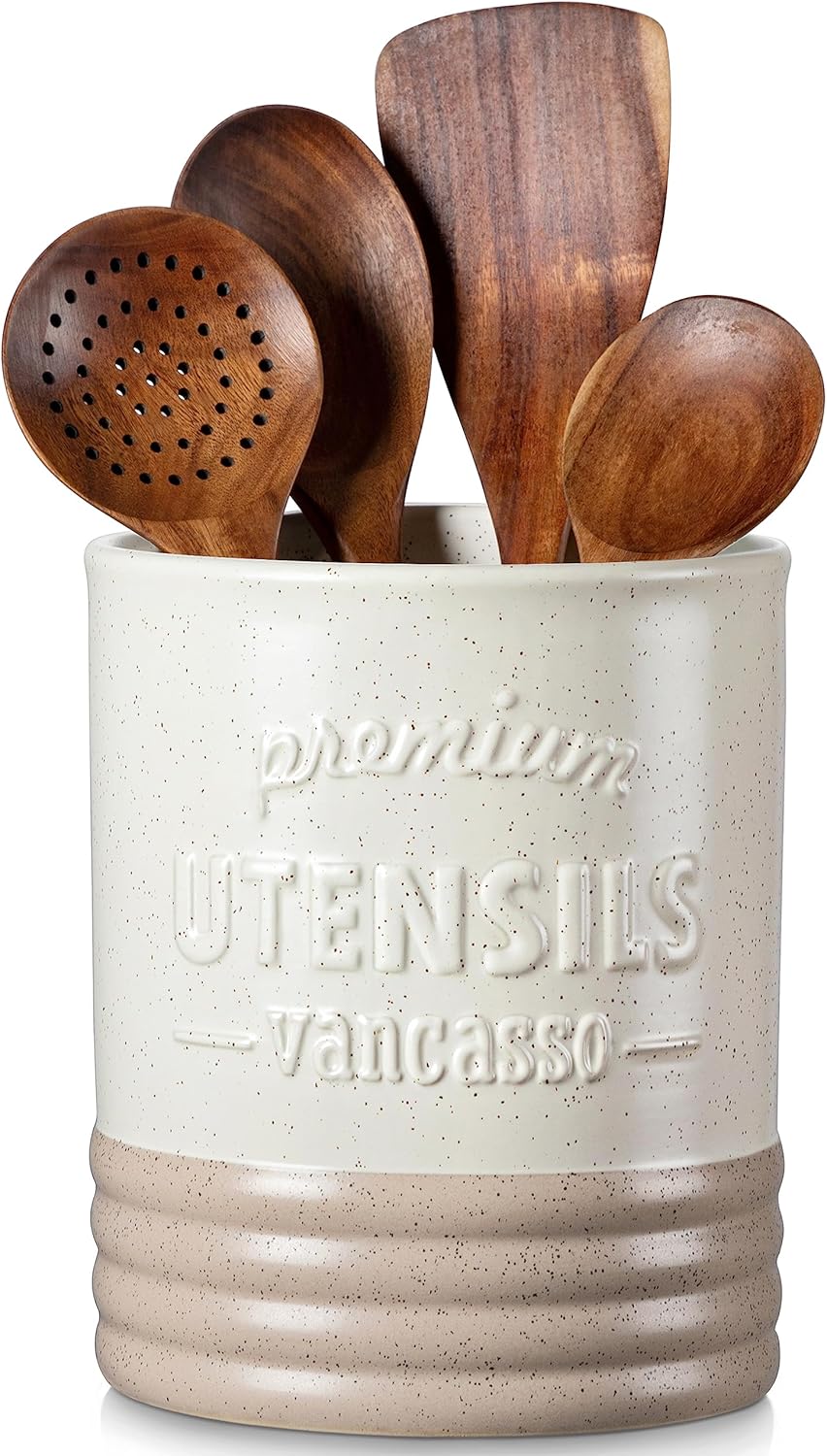 Sabine Utensil Holder, 7.2" Large Utensil Crock for Kitchen Counter, Ceramic Utensil Crock Storage, Matte Cream-Colored Farmhouse Utensil Organizer, Utensil Storage for Home Décor, Gifts