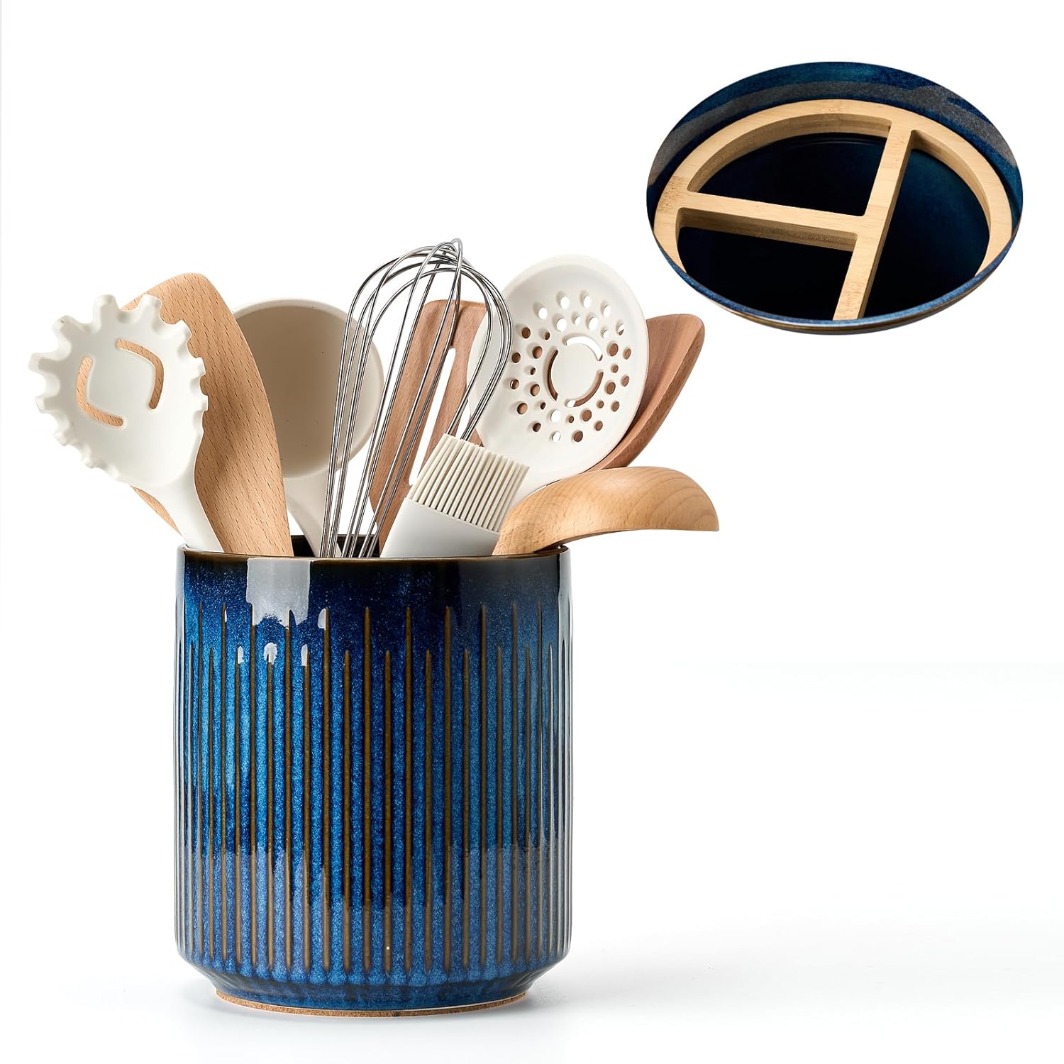 Kitchen Utensil Holder, 7.2" Large Ceramic Stable Utensil Crock for Kitchen Counter, Utensil Holder with Cork Mat, Removable Bamboo Divider for Easy, Kitchen Decor, Special Reactive Navy