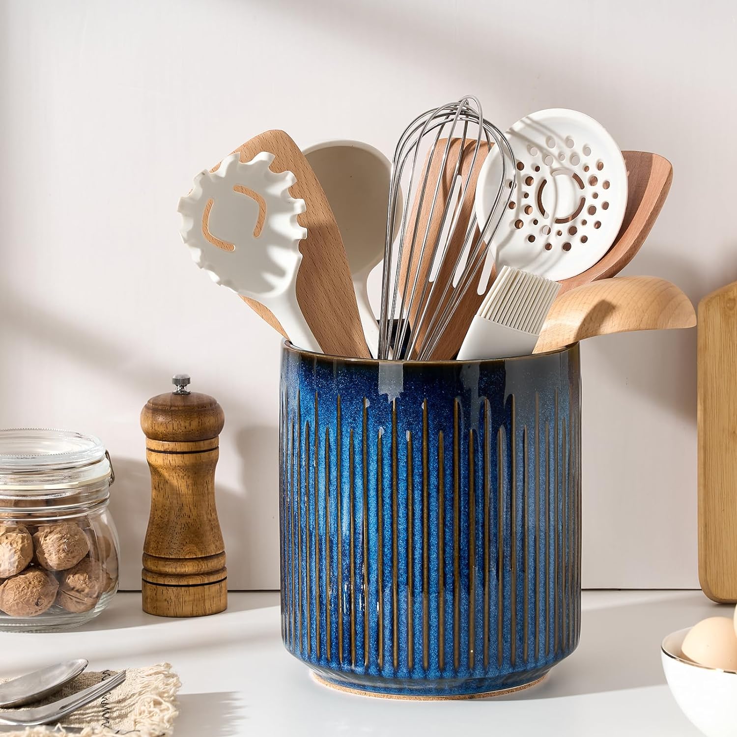 Kitchen Utensil Holder, 7.2" Large Ceramic Stable Utensil Crock for Kitchen Counter, Utensil Holder with Cork Mat, Removable Bamboo Divider for Easy, Kitchen Decor, Special Reactive Navy