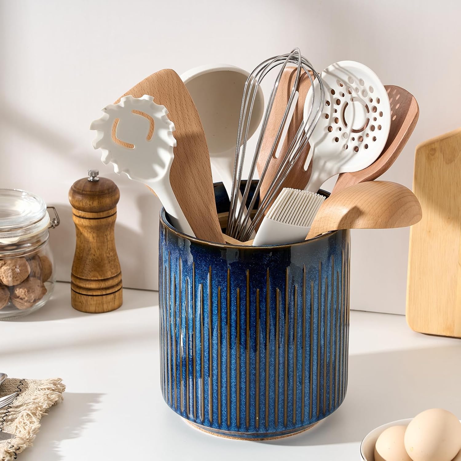 Kitchen Utensil Holder, 7.2" Large Ceramic Stable Utensil Crock for Kitchen Counter, Utensil Holder with Cork Mat, Removable Bamboo Divider for Easy, Kitchen Decor, Special Reactive Navy