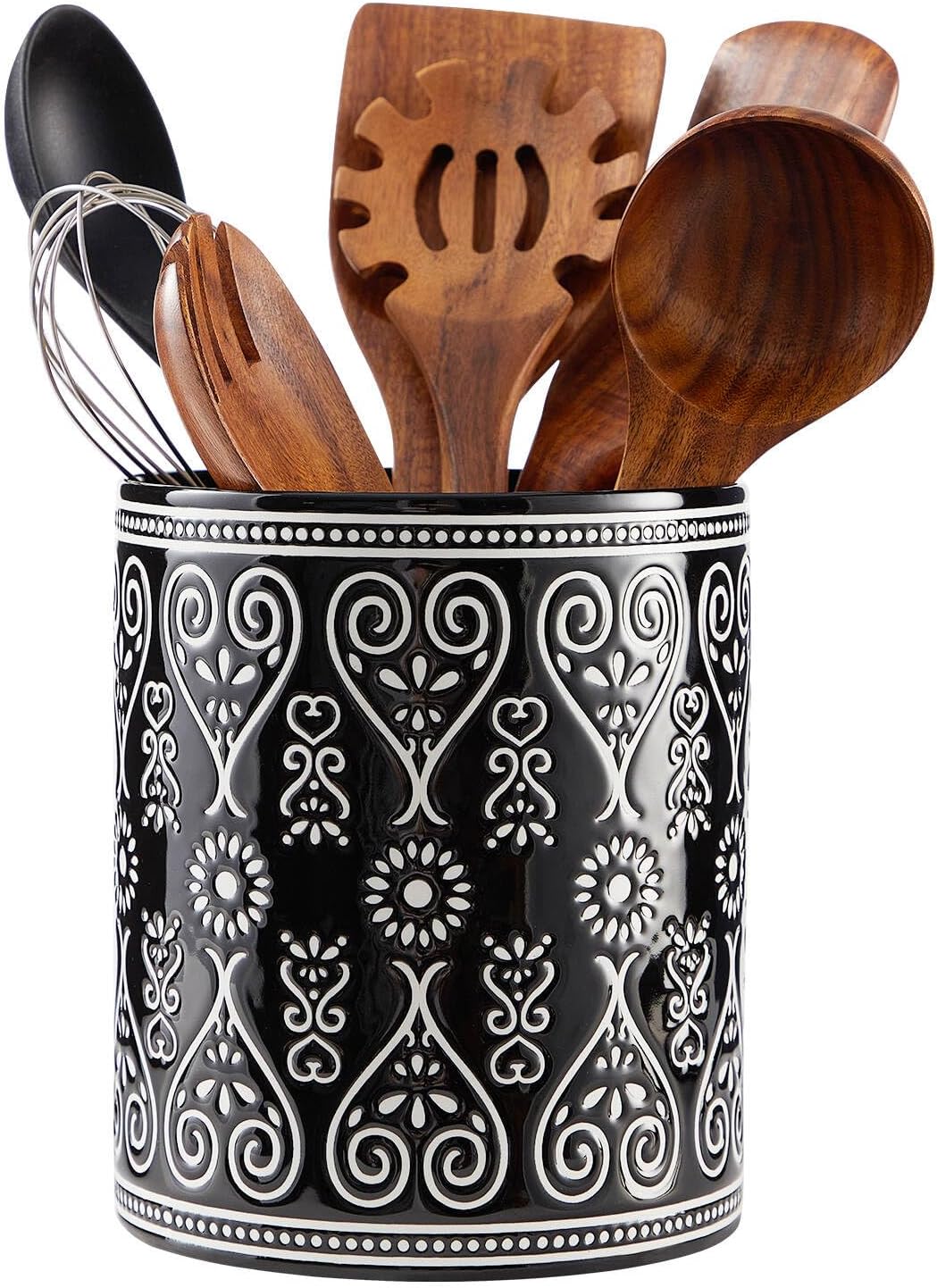 Ceramic Utensil Holder, 7" Kitchen Utensil Holder for Countertop, Extra Large Cooking Utensil Holder for Kitchen Counter, Farmhouse Utensil Crock for Kitchen Decor