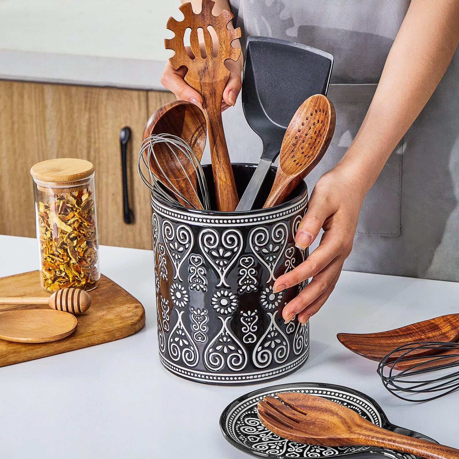 Ceramic Utensil Holder, 7" Kitchen Utensil Holder for Countertop, Extra Large Cooking Utensil Holder for Kitchen Counter, Farmhouse Utensil Crock for Kitchen Decor