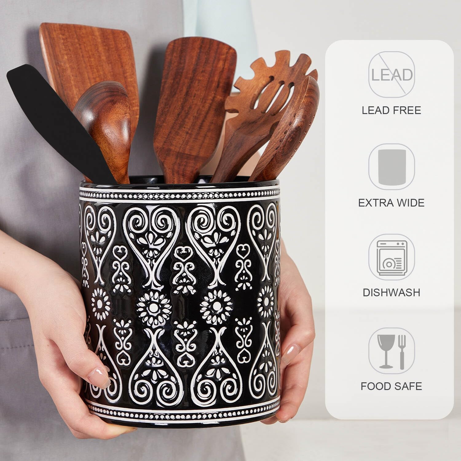 Ceramic Utensil Holder, 7" Kitchen Utensil Holder for Countertop, Extra Large Cooking Utensil Holder for Kitchen Counter, Farmhouse Utensil Crock for Kitchen Decor