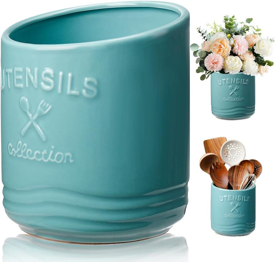 Large Ceramic Utensil Holder 7.5" H×6.3" W with Slanted Mouth - Utensil Crock with Non-Slip Cork Base for Kitchen Counter, Ideal for Decor & Gift,Blue