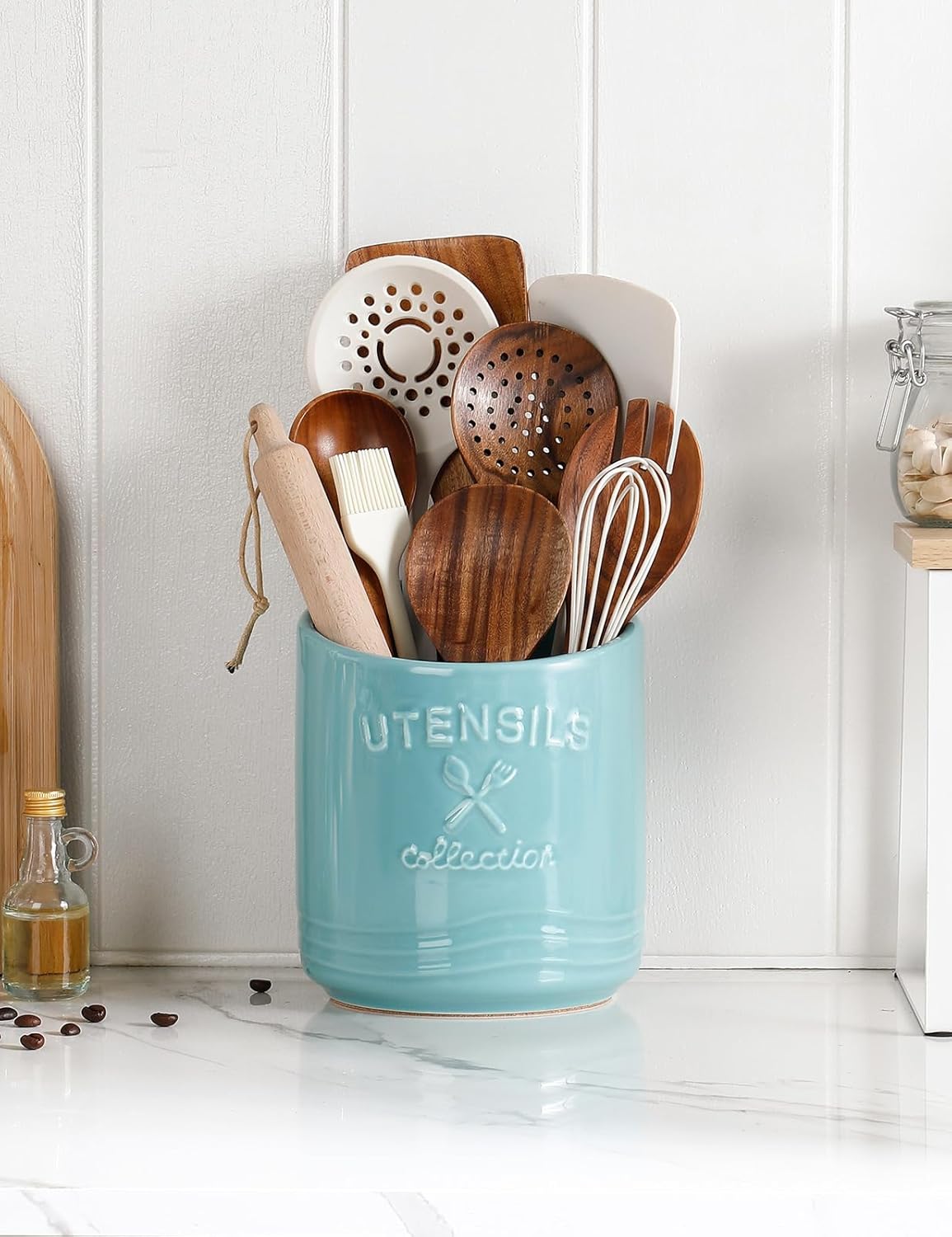 Large Ceramic Utensil Holder 7.5" H×6.3" W with Slanted Mouth - Utensil Crock with Non-Slip Cork Base for Kitchen Counter, Ideal for Decor & Gift,Blue